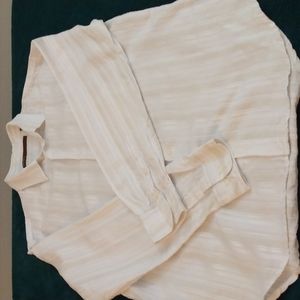 Perry Ellis XL White/Tan/Cream Stripe Long Sleeve Linen Blend Shirt